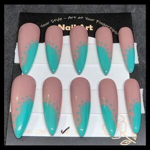 Stylish Nude and Teal Handmade Press on Nails